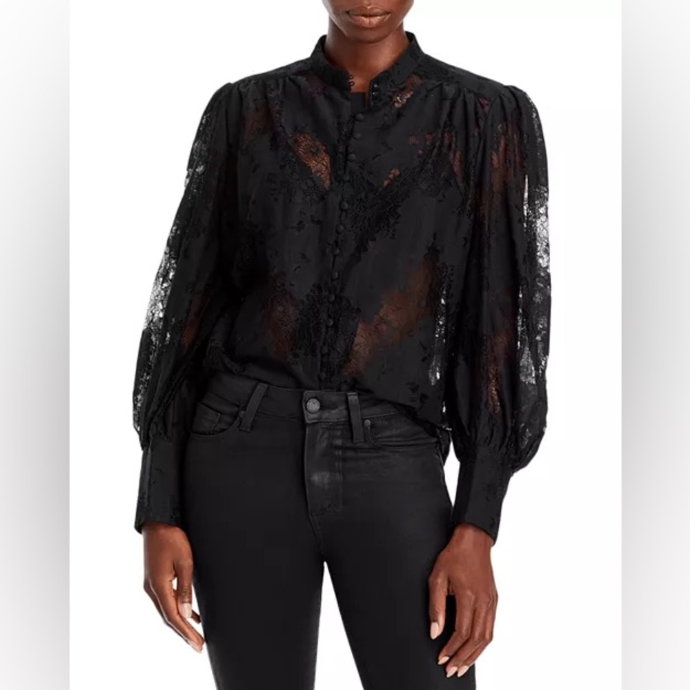 Bardot Women's Black Small Eliza Lace Long Sleeve Button Down Blouse Too